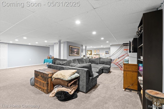 5182 Shady Creek Dr, Troy, MI 48085 - living room featuring carpet, recessed lighting, a drop ceiling, and baseboards