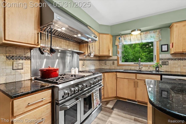 5182 Shady Creek Dr, Troy, MI 48085 - kitchen with double oven range, wall chimney exhaust hood, a sink, light brown cabinets, and decorative backsplash