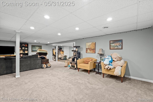5182 Shady Creek Dr, Troy, MI 48085 - living room featuring carpet, baseboards, a drop ceiling, and recessed lighting