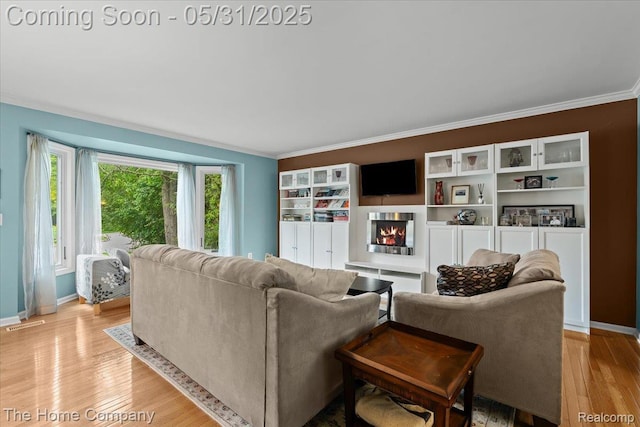 5182 Shady Creek Dr, Troy, MI 48085 - living area with crown molding, light wood-type flooring, a glass covered fireplace, and baseboards