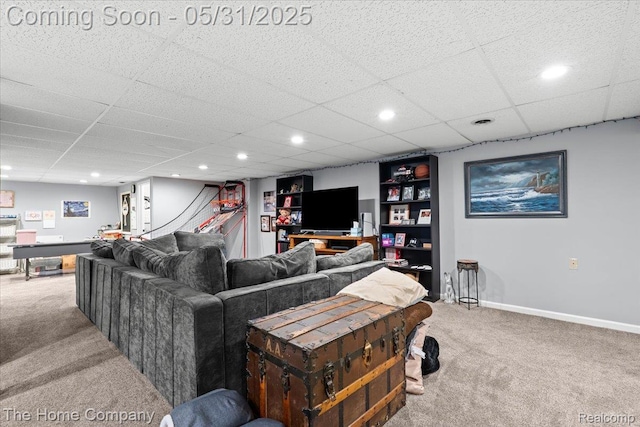 5182 Shady Creek Dr, Troy, MI 48085 - living room featuring carpet, a paneled ceiling, baseboards, and recessed lighting