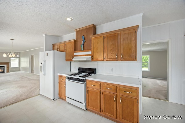 17055 Blackfoot Trl, Howard City, MI 49329 - kitchen with white appliances, light colored carpet, healthy amount of natural light, crown molding, and light countertops