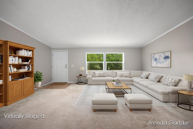 17055 Blackfoot Trl, Howard City, MI 49329 - carpeted living room with ornamental molding, a textured ceiling, and lofted ceiling