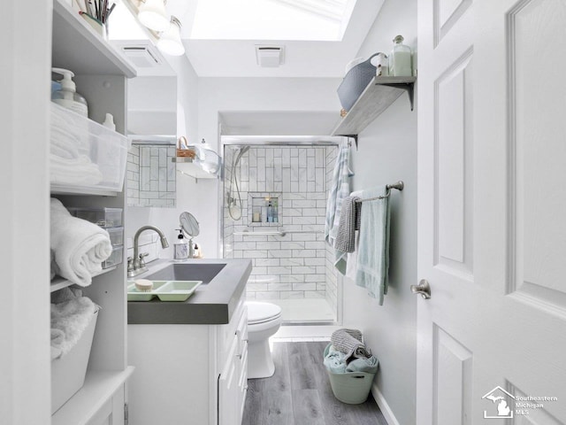 11963 Egan Hwy, Brooklyn, MI 49230 - bathroom with vanity, a stall shower, wood finished floors, and a skylight