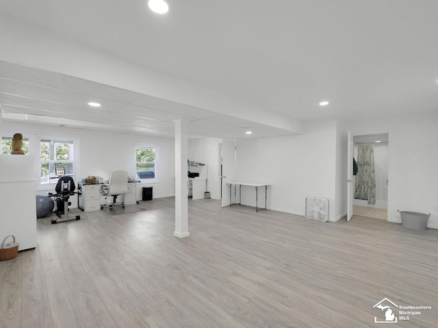 11963 Egan Hwy, Brooklyn, MI 49230 - basement featuring freestanding refrigerator, a desk, recessed lighting, and wood finished floors