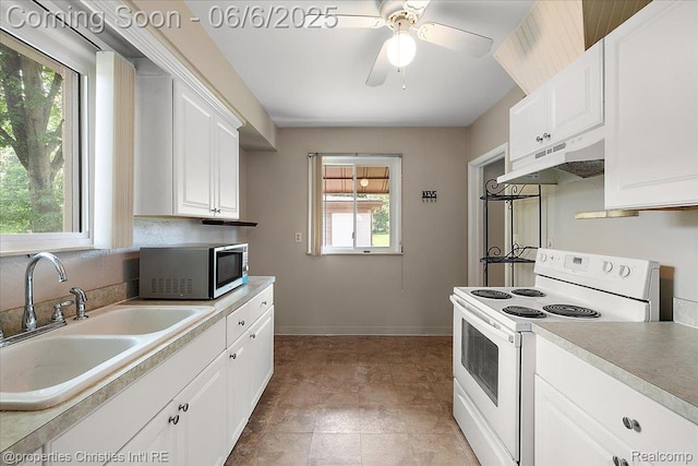 15501 Portis St, Northville, MI 48170 - kitchen featuring white electric stove, stainless steel microwave, a sink, under cabinet range hood, and plenty of natural light
