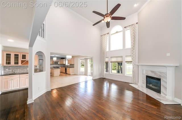 42105 Dorchester Ct, Clinton Township, MI 48038 - unfurnished living room featuring a sink, a high end fireplace, ceiling fan, ornamental molding, and dark wood-style floors