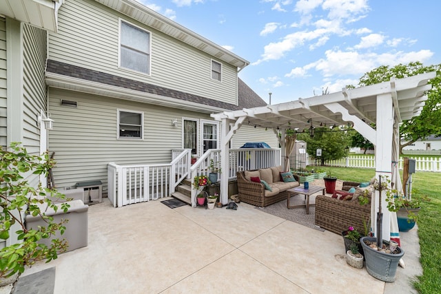424 Gale Ct, Ithaca, MI 48847 - rear view of house featuring outdoor lounge area, a pergola, roof with shingles, and a patio area