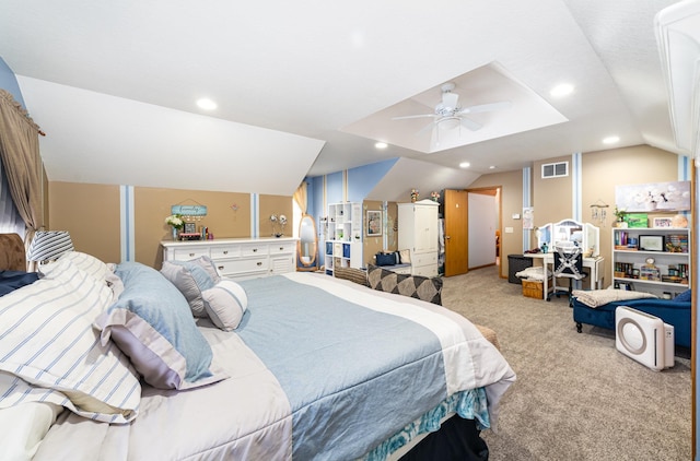 424 Gale Ct, Ithaca, MI 48847 - bedroom with light colored carpet, a ceiling fan, vaulted ceiling, and recessed lighting