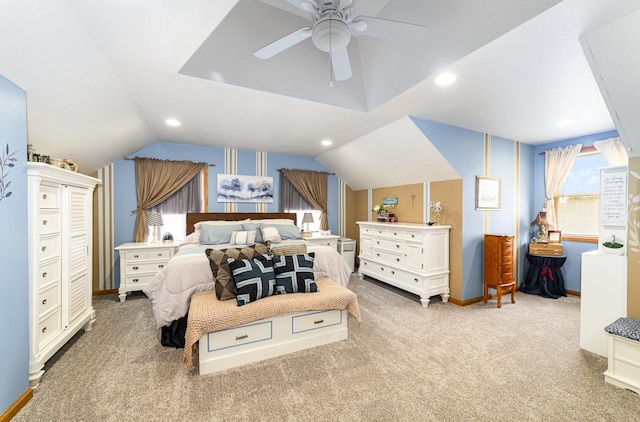 424 Gale Ct, Ithaca, MI 48847 - bedroom featuring carpet, lofted ceiling, baseboards, a ceiling fan, and recessed lighting