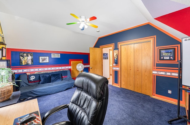 424 Gale Ct, Ithaca, MI 48847 - office area featuring carpet flooring, vaulted ceiling, and a ceiling fan