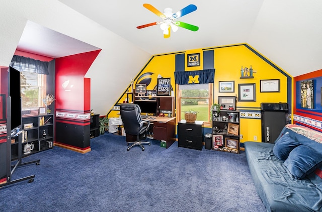 424 Gale Ct, Ithaca, MI 48847 - carpeted home office featuring vaulted ceiling, plenty of natural light, and a ceiling fan