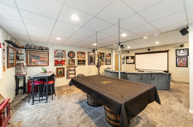 424 Gale Ct, Ithaca, MI 48847 - recreation room with carpet, billiards table, a drop ceiling, and recessed lighting