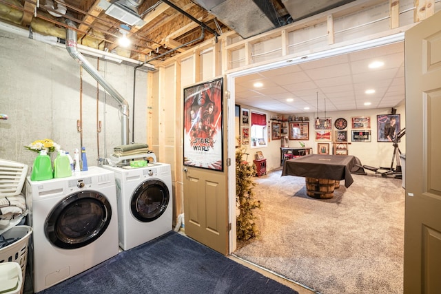 424 Gale Ct, Ithaca, MI 48847 - washroom with washing machine and dryer, carpet, billiards, and recessed lighting