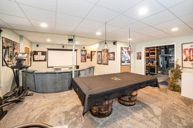 424 Gale Ct, Ithaca, MI 48847 - rec room featuring carpet, billiards, a paneled ceiling, and recessed lighting