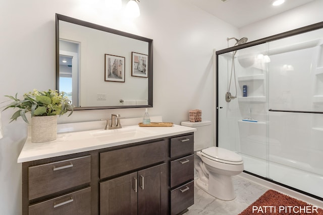 104 River Hills Dr, Holland, MI 49424 - full bathroom featuring a shower stall, vanity, marble finish flooring, and toilet