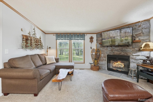 4952 Davison Rd, Lapeer, MI 48446 - living room with ornamental molding, carpet, a stone fireplace, and a textured ceiling