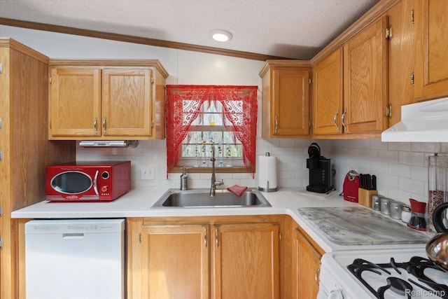 4952 Davison Rd, Lapeer, MI 48446 - kitchen with white dishwasher, a sink, a textured ceiling, light countertops, and backsplash