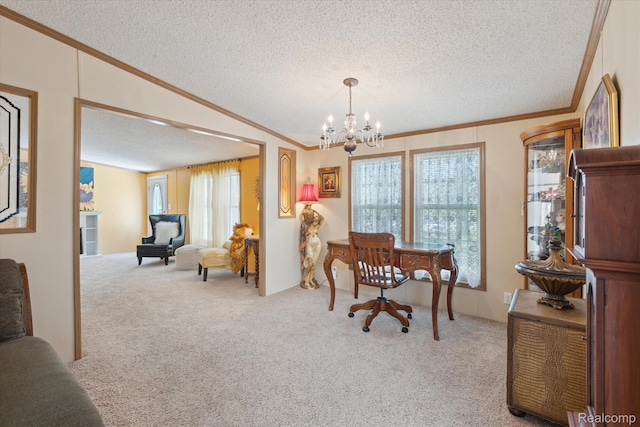 4952 Davison Rd, Lapeer, MI 48446 - dining room featuring carpet floors, a textured ceiling, crown molding, and a chandelier