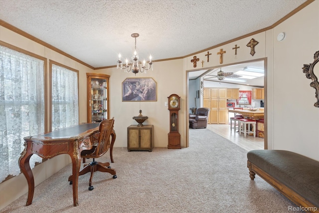 4952 Davison Rd, Lapeer, MI 48446 - home office with carpet flooring, crown molding, a chandelier, and a textured ceiling