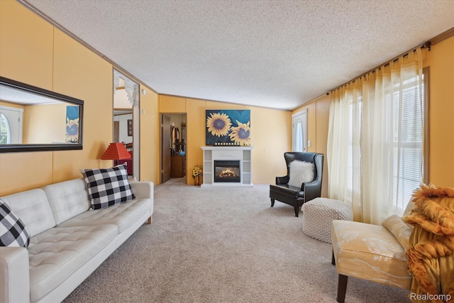 4952 Davison Rd, Lapeer, MI 48446 - carpeted living room with a textured ceiling, a glass covered fireplace, and crown molding