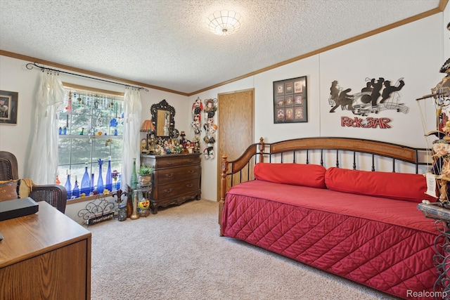 4952 Davison Rd, Lapeer, MI 48446 - bedroom featuring crown molding, carpet floors, a textured ceiling, and vaulted ceiling