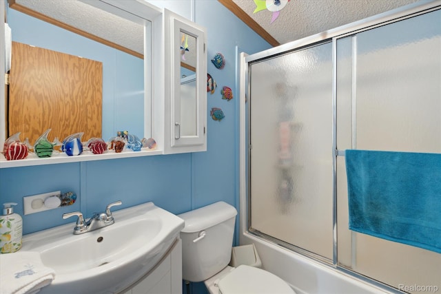 4952 Davison Rd, Lapeer, MI 48446 - bathroom featuring a textured ceiling, vanity, toilet, bath / shower combo with glass door, and crown molding