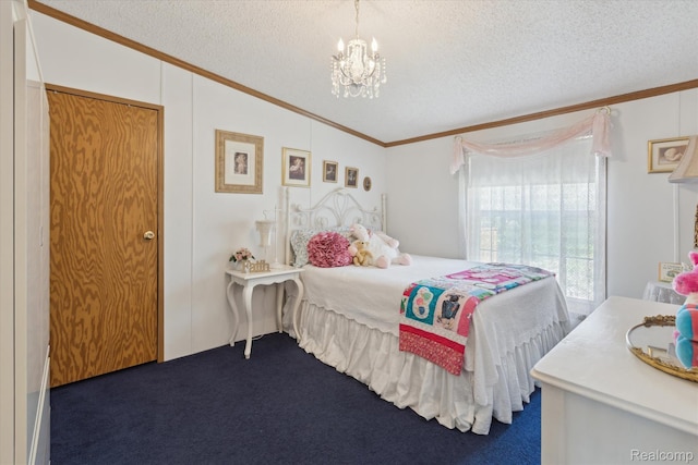 4952 Davison Rd, Lapeer, MI 48446 - carpeted bedroom featuring ornamental molding, lofted ceiling, a textured ceiling, and a chandelier