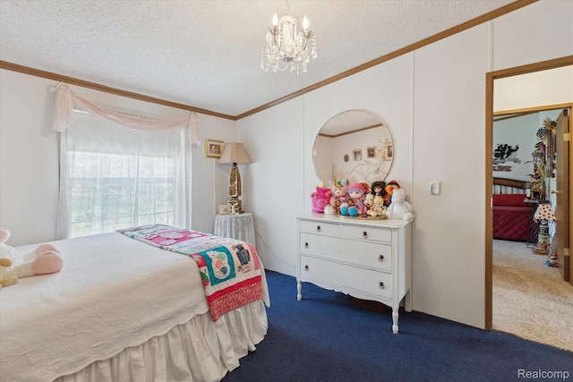 4952 Davison Rd, Lapeer, MI 48446 - bedroom featuring crown molding, dark colored carpet, a chandelier, and a textured ceiling