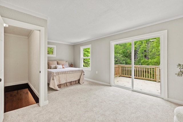 17465 Rapids Dr, Hersey, MI 49639 - carpeted bedroom featuring access to outside, baseboards, and crown molding