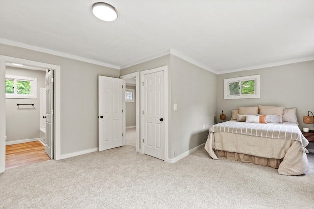 17465 Rapids Dr, Hersey, MI 49639 - bedroom featuring light carpet, crown molding, baseboards, and ensuite bath