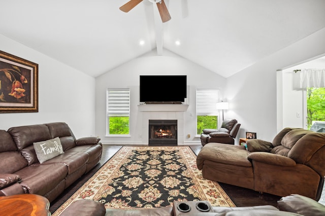 4085 Ravina Ter, Saint Joseph, MI 49085 - living area featuring ceiling fan, a tile fireplace, plenty of natural light, and wood finished floors