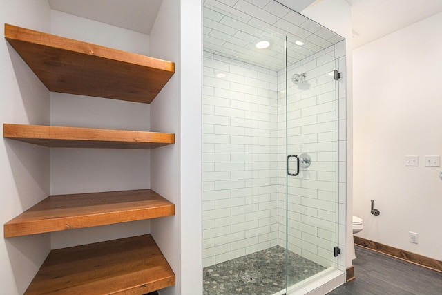 4035 136th Ave, Hamilton, MI 49419 - bathroom featuring wood finished floors, a shower stall, toilet, and baseboards