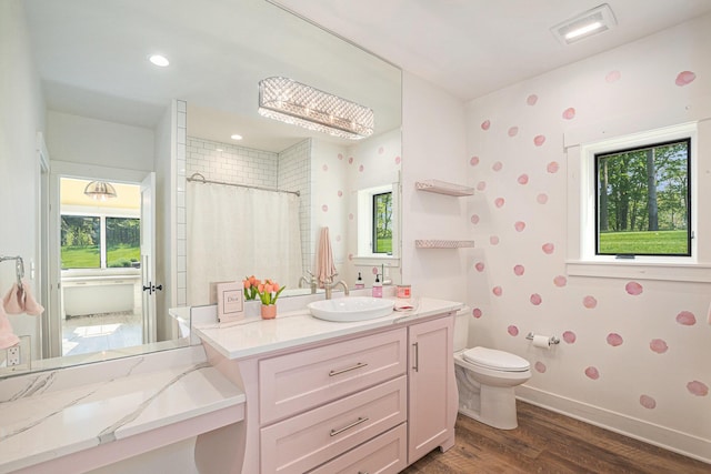 4035 136th Ave, Hamilton, MI 49419 - bathroom featuring wood finished floors, toilet, healthy amount of natural light, vanity, and wallpapered walls