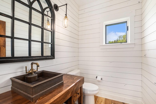 4035 136th Ave, Hamilton, MI 49419 - bathroom featuring wood walls, toilet, a sink, and wood finished floors