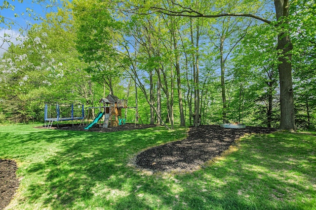 4035 136th Ave, Hamilton, MI 49419 - view of grassy yard featuring a trampoline and a playground