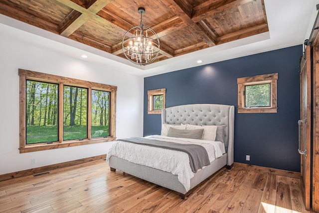 4035 136th Ave, Hamilton, MI 49419 - bedroom with wood ceiling with exposed beams, coffered ceiling, a chandelier, baseboards, and wood finished floors