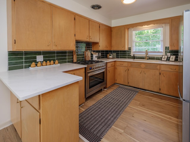 906 Wilshire Blvd, Kalamazoo, MI 49008 - kitchen with appliances with stainless steel finishes, a peninsula, light wood-style flooring, and tasteful backsplash