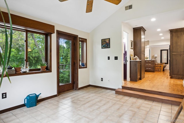 1220 Minglewood Way, Ann Arbor, MI 48103 - foyer entrance featuring ceiling fan, baseboards, vaulted ceiling, and recessed lighting