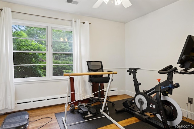 1220 Minglewood Way, Ann Arbor, MI 48103 - workout area with a ceiling fan, wood finished floors, and a baseboard heating unit