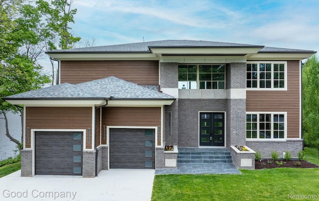 1760 Hamilton Dr, Bloomfield Hills, MI 48302 - view of front of property featuring a garage, french doors, concrete driveway, a front yard, and brick siding