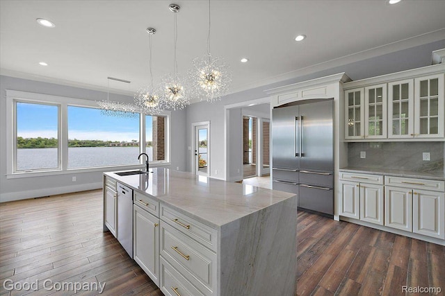 1760 Hamilton Dr, Bloomfield Hills, MI 48302 - kitchen with stainless steel appliances, a sink, glass insert cabinets, recessed lighting, and dark wood-style floors