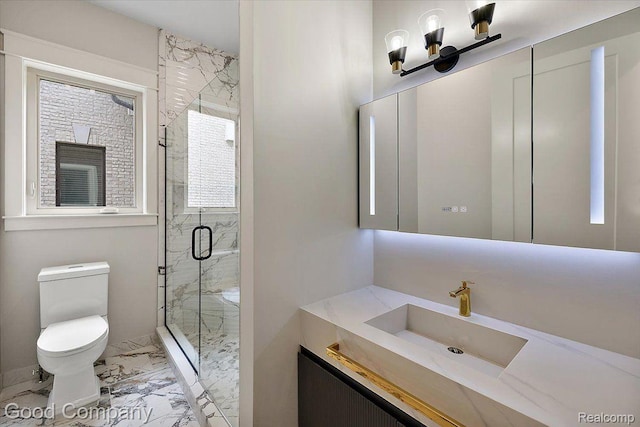 1760 Hamilton Dr, Bloomfield Hills, MI 48302 - bathroom with marble finish floors, toilet, vanity, and a marble finish shower