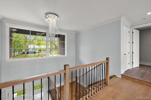1760 Hamilton Dr, Bloomfield Hills, MI 48302 - corridor with an upstairs landing, a chandelier, wood finished floors, and baseboards
