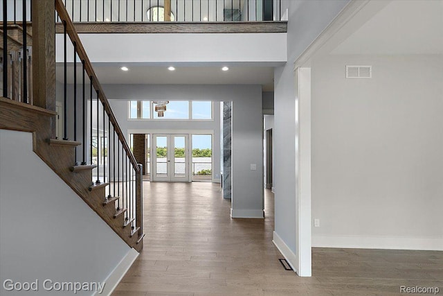 1760 Hamilton Dr, Bloomfield Hills, MI 48302 - foyer entrance with baseboards, a high ceiling, stairway, wood finished floors, and recessed lighting