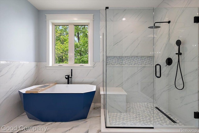 1760 Hamilton Dr, Bloomfield Hills, MI 48302 - bathroom with a freestanding tub, a marble finish shower, marble finish floors, and tile walls