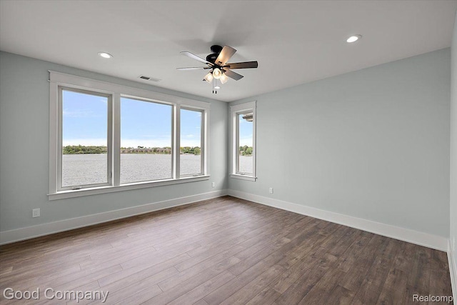 1760 Hamilton Dr, Bloomfield Hills, MI 48302 - spare room with ceiling fan, dark wood-type flooring, baseboards, a water view, and recessed lighting