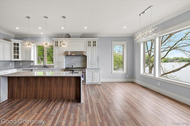1760 Hamilton Dr, Bloomfield Hills, MI 48302 - kitchen with a chandelier, a sink, tasteful backsplash, wood finished floors, and white cabinets