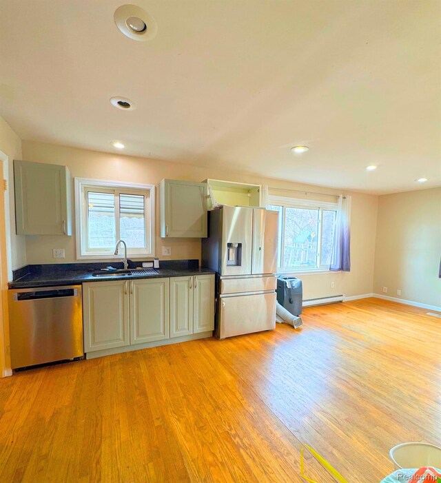 14070 Nadine St, Oak Park, MI 48237 - kitchen with stainless steel appliances, a sink, dark countertops, light wood-style flooring, and recessed lighting