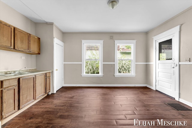621 Olympia St SW, Grand Rapids, MI 49503 - kitchen featuring a sink, dark wood finished floors, brown cabinets, baseboards, and crown molding